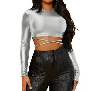 Leather Silver Long Sleeve Crop Top